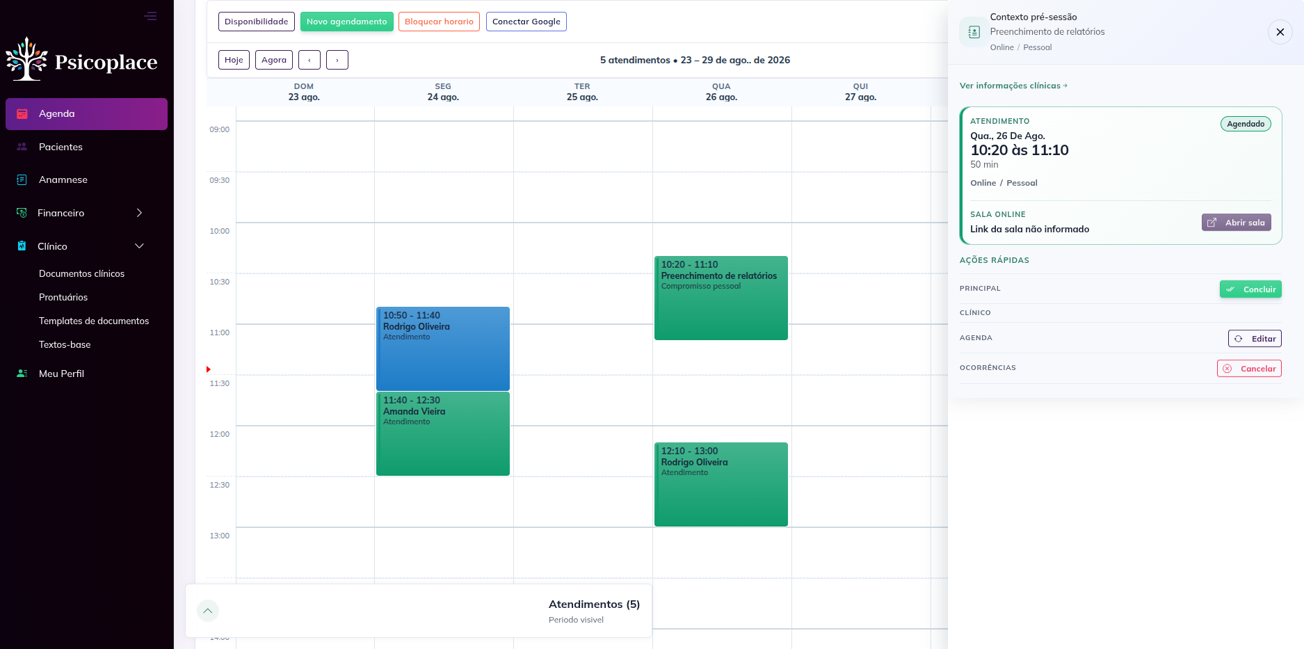 Agenda semanal do Psicoplace com atendimentos marcados